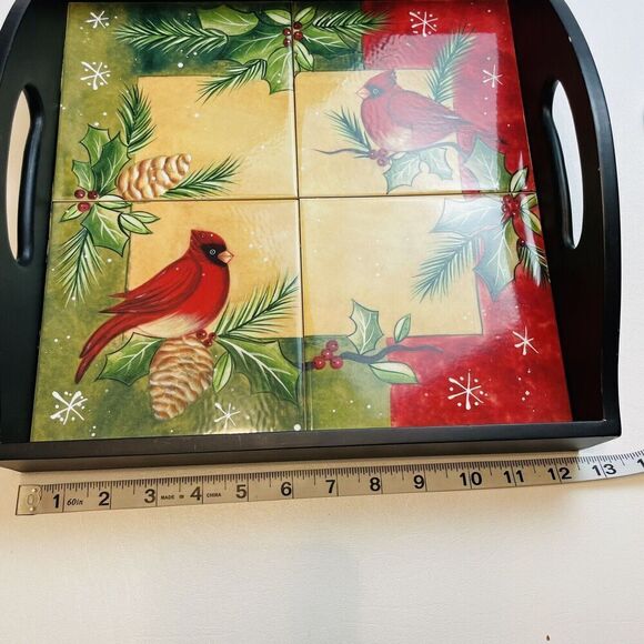 Christmas Cardinals Tiles Wood Serving Tray 12.5" Square Holiday Party Handled - Picture 3 of 7